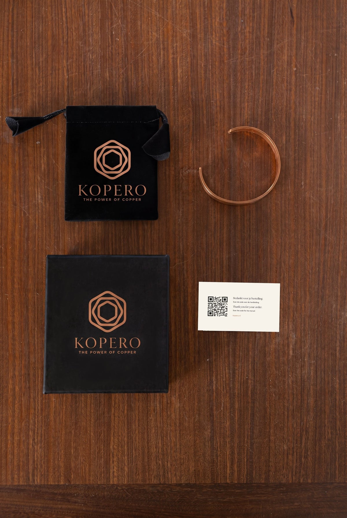 Kopero Koperen Armband Glad met fluwelen draagzak, geschenkdoosje en bedankkaartje